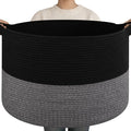 OIAHOMY 90L XXXLarge Blanket Basket for Living Room, 21.7" x 13.8" Woven Cotton Rope Laundry Basket for Organizing Pillows, Decorative Stuffed Animal Toy Storage for Nursery, Black and Grey