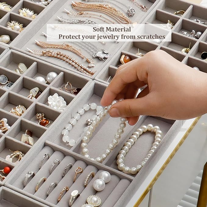 SPAKOWN Jewelry Trays Organizer for Drawer, 9 Set of Small Jewelry Display Case Storage Velvet Stackable Drawer Inserts Organizer for Necklaces Bracelets Earrings Rings (Grey)