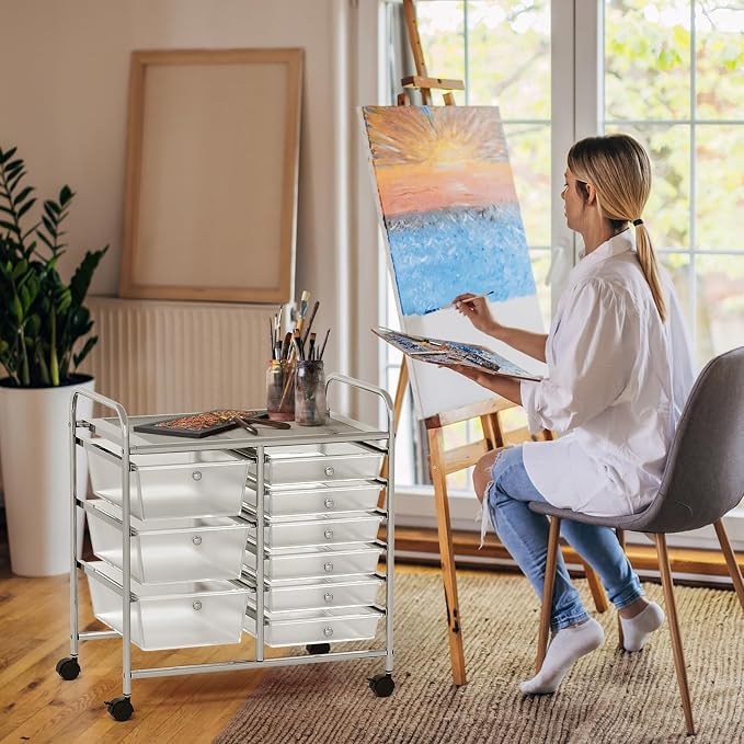 COSTWAY Rolling Storage Cart with 9 Drawer, Utility Cart with Metal Frame | Mobile Art Supply Craft Organizer, Multipurpose Storage Organizer for Paper, Office, School Teacher, Classroom, Transparent