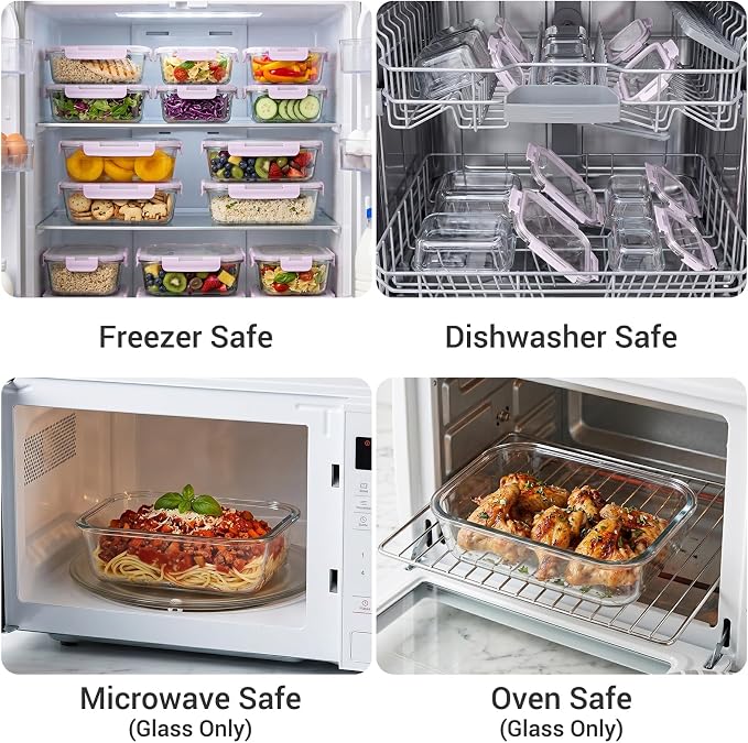 Dealusy 10 Sets (20-Piece) 36 oz & 12 oz Glass Food Storage Containers with lids, Airtight Leak-proof Glass Meal Prep Containers with Lids, Microwave Oven Freezer Dishwasher Safe, Purple