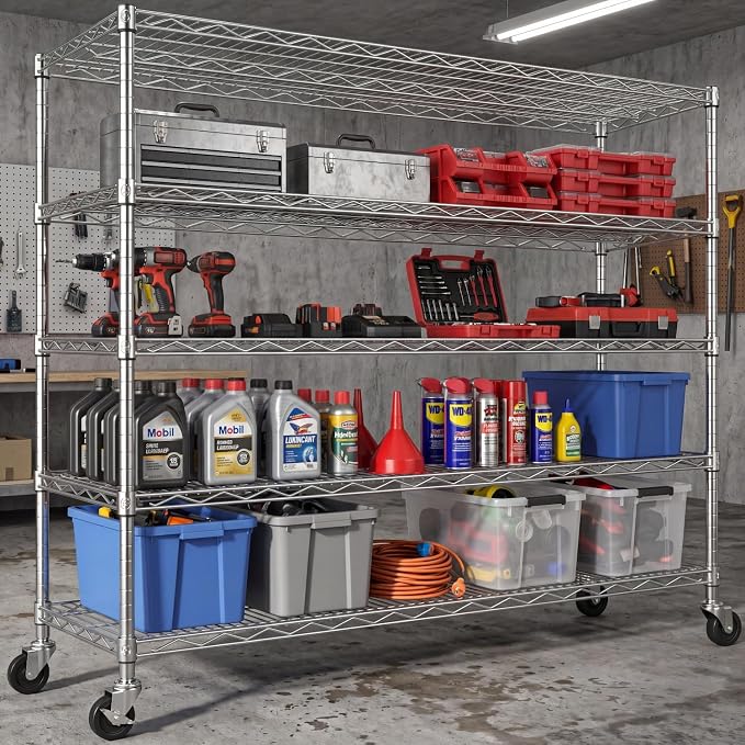 48" W x 24" D x 81" H Storage Shelves Heavy Duty with Wheels 5 Tier Adjustable Wire Garage Shelving Rolling Metal Organizer Shelf Utility Rack for Commercial Warehouse,Kitchen Chrome