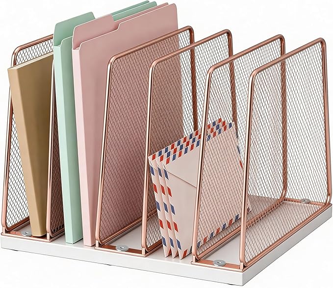 LEKETREE Rose Gold Desk File Organizer, 5-Section Upright File Sorter, Vertical File Folder Holder, Mesh Metal Wood Office Desktop Organization for Document, Magazine, Books and more (Rose Gold)