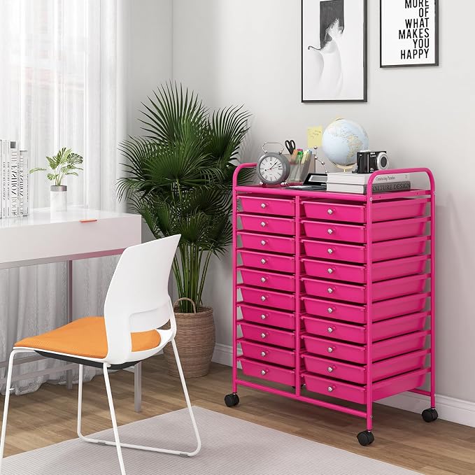 DREAMADE Rolling Cart with Storage Drawers, Utility Cart w/Removable Plastic Drawers, Lockable Wheels, Art Cart for Classroom Organization Art Supplies Office Scrapbook (20 Drawers, Hot Pink)