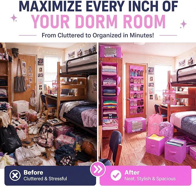 Briwooody 11 Pcs College Dorm Storage Set, Dorm Organizer Kit with Closet Organizer, Over Door Shoe Rack, Under Bed Storage Bags, Laundry Backpack, Shower Caddy, Collapsible Bins(Pink)
