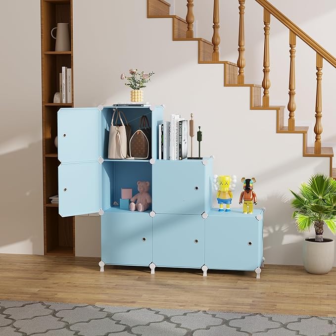 Cube Storage Organizer, 6-Cube Shelves Unit with Doors, DIY Stackable Plastic Clothes Organizer for Bedroom and Under Stairs Storage Unit, Each Compartment 30 x 30 x 30 cm Blue ATTSL6005