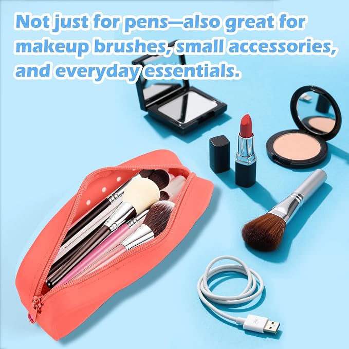 BestStone Silicone Small Pencil Pouch – Small Pencil Case with DIY Holes and 10 Decorative Charms, Multipurpose Makeup Bag or Stationery Organizer, Large Capacity(Orange)