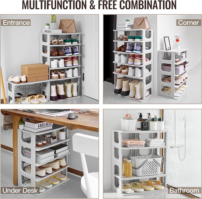 TRZZ 5-Tier Shoe Rack, Narrow Stackable Organizer, Grey | Removable Partition, Vertical Efficient Shoe Storage, for Closet, Entryway, Small Spaces