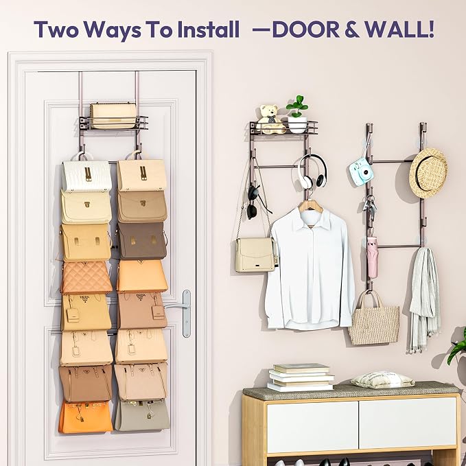 SWTYMIKI Over The Door Purse Organizer - Wall Mounted Handbag Organizer with 16 Hooks and Metal Basket, Hanging Purse Storage Rack Holds up to 16 Bags, Bag Rack Can Use As 1/2 Part, for Door, Closet