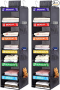 2 Pack 6-Shelf Weekly Clothes Organizer for Kids, Hanging Daily Closet Organization with 6 Side Pockets, Days of The Week Clothing Divider Storage for Boys and Girls (Grey)