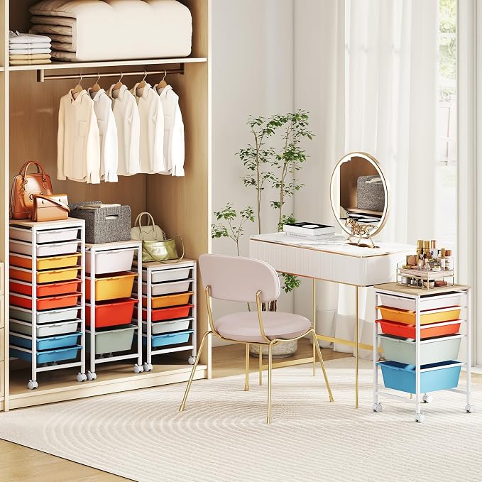 LDAILY Rolling Cart with Drawers, 6 Drawer Rolling Storage Cart with Wooden Tabletop, Metal Frame & Lockable Wheels, Craft Organizers and Storage for Home Office Classroom (Macaron, 6 Drawer)