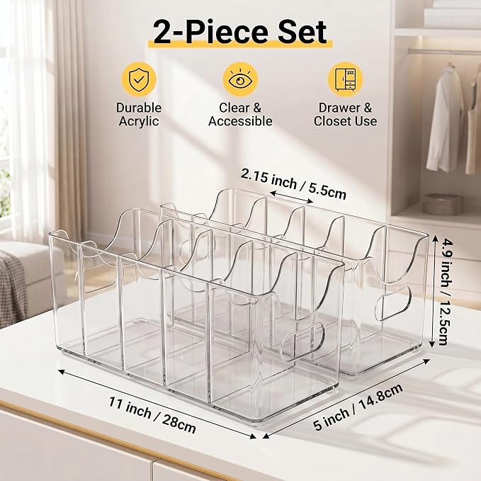 Clear Acrylic Belt Organizer 2 Pack, Stackable Belt Holder with 5 Removable Dividers & Built-in Handles, Multi-Purpose Drawer Closet Storage Display Bin for Belts, Ties, Socks, Underwear