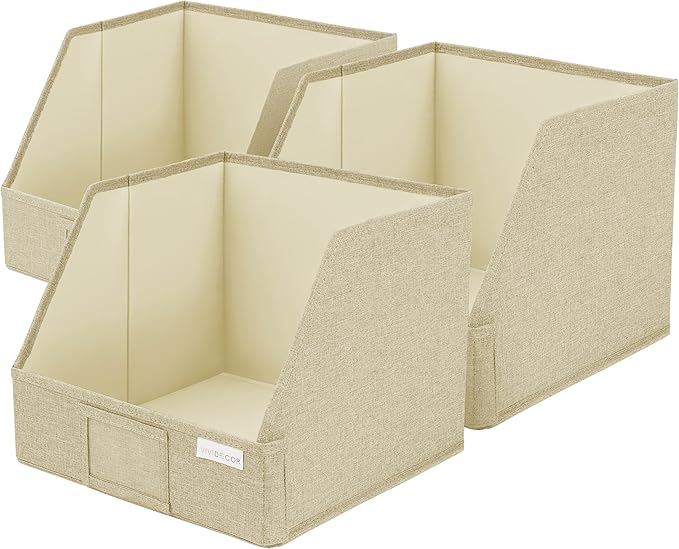 VIVIDECOR Trapezoid Storage Bins – 3-Pack Closet Shelf Organizer & Baskets, Open Front Bin for Shelves, Foldable Fabric Basket for Clothes, Cube Storage Bins, Towel, Clothing Shelf (Beige, 3 Pack)