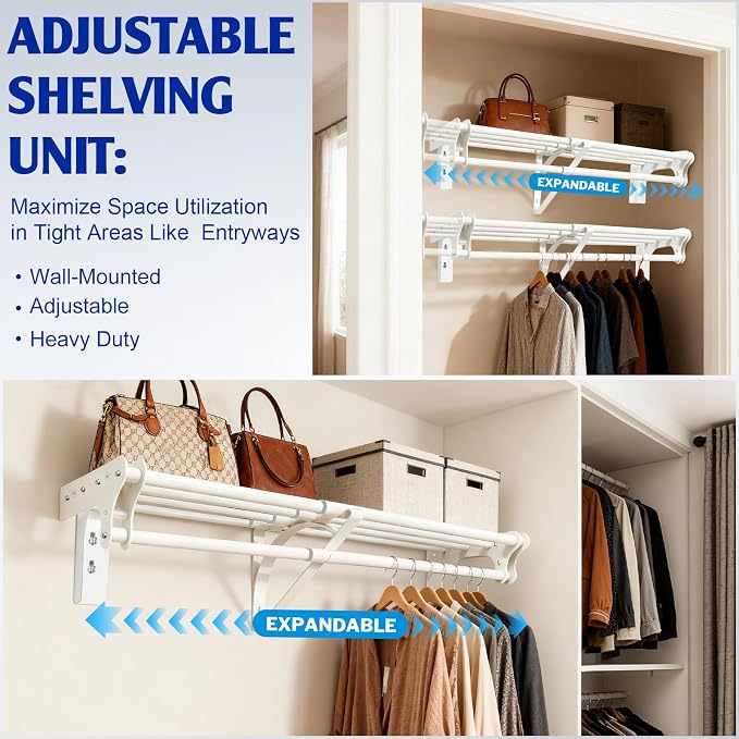 Closet Shelf with Hanging Rod, 28-48'' Expandable Closet Rod with Shelf | Wall Mounted & Side Wall Mounted, Steel Closet Shelves Clothes Rack, Holds 220 lb Heavy Duty Closet Rod DIY Divider Separtor