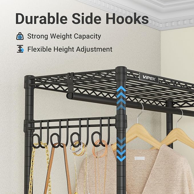 VIPEK R2 Clothes Rack Heavy Duty Clothing Rack for Hanging Clothes, Rolling Garment Rack Adjustable Closet Racks with Double Rods & Hooks, Freestanding Wardrobe Closet Coat Storage Racks, Black