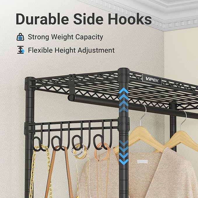 VIPEK L4 Clothes Rack L Shaped Garment Rack for Corner, 810lbs Heavy Duty Portable Closet Metal Clothing Rack, Adjustable Shelving/Sturdy Hanging Rods/Side Hooks, Black