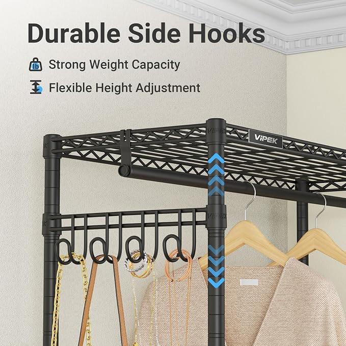 VIPEK R3C Rolling Clothes Rack with Cover Portable Closet for Hanging Clothes, Heavy Duty Garment Rack Clothing Racks with Wheels& Hanging Rod, Black Racks with Grey Upgraded Polyester Cover