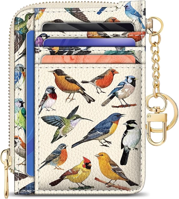 GIANCOMICS Slim Wallet Credit Card Holder Women, Bird Rfid Blocking Small Card Case, Keychain Thin Pocket Curved Zipper Wallet, Travel Card Holder PU Leather ID Window, Ladies Female Gifts