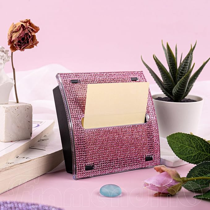 Framendino, Bling Self Sticky Note Holder 3 x 3 Inch Crystal Post It Notes Dispenser for Office Home Desk Accessories (Pink)