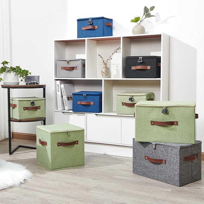 Storage Bins Boxes with Zipper Lid Combination Lock PU Leather Handles Cotton Linen Fabric Lidded Lockable Baskets Foldable Washable Closet Shelf Organizer Container (Light Green, Large)