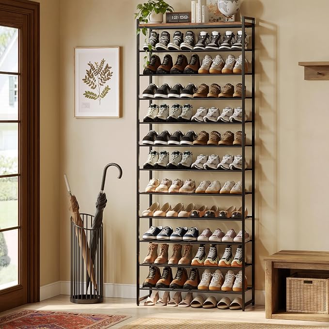 12 Tier Shoe Rack Organizer for 48-60 Pairs, Tall Metal Shoe Storage Shelf with Wood Top, Adjustable Boot Space, Narrow Design for Entryway Closet, Rustic Brown and Black