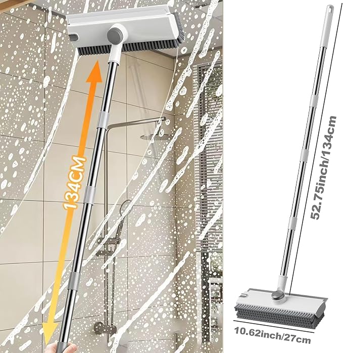 360° Rotatable Floor Scrub Brush - 55 Inch Adjustable Long Handle 2in1 Scrub Squeegee Hidden Hair Catcher V-Type Gap Cleaner for Bathroom Kitchen Patio (White)
