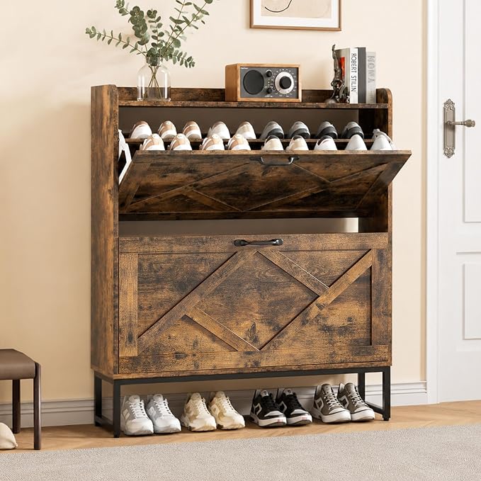 Nicetree Shoe Cabinet Storage for Entryway, Slim Shoe Storage Cabinet with 2 Flip Drawers, Narrow Vertical Shoe Rack Cabinet with Metal Hooks, Small Space Solution for Hallway, Rustic Brown