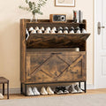 Nicetree Shoe Cabinet Storage for Entryway, Slim Shoe Storage Cabinet with 2 Flip Drawers, Narrow Vertical Shoe Rack Cabinet with Metal Hooks, Small Space Solution for Hallway, Rustic Brown