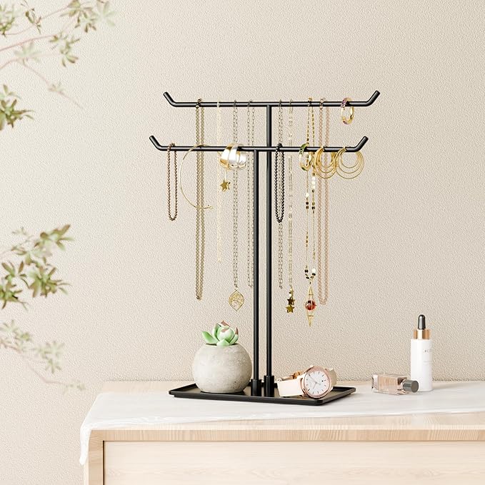 bussdis Necklace Holder Stand,Metal Jewelry Organizer for Home Decor,Black | Modern Design,Easy Assembly,Non-Slip EVA Pads,Gift for Woman,Necklace Display for Bedroom,Vanity and Dresser