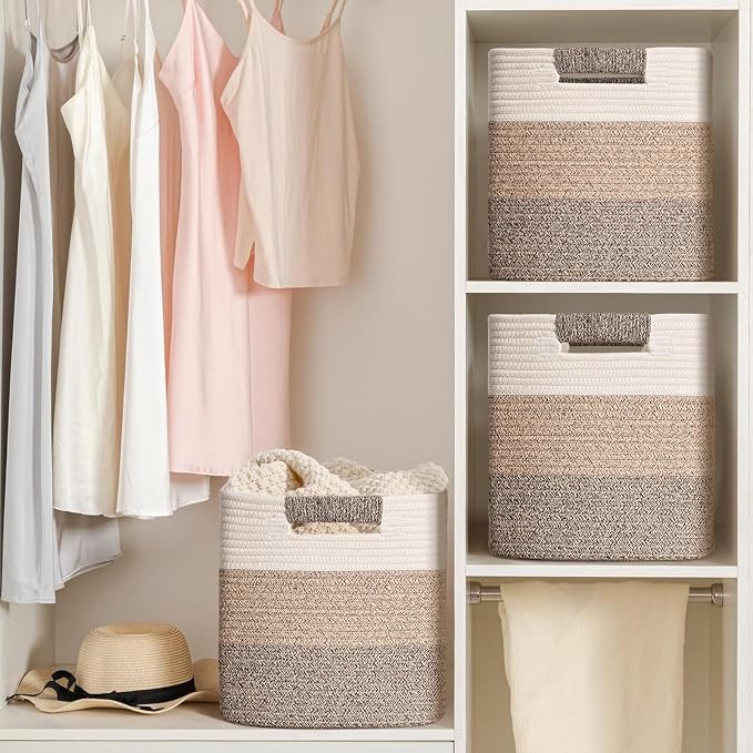 11 Inch Storage Cubes, 3 Pack Cube Storage Bins for Organizing, Cotton Rope Woven Baskets for Shelves, Bathroom, Kids Room, Closets, Baby Nursery