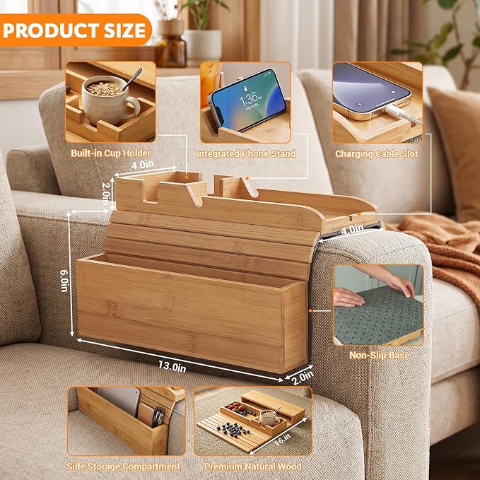 Bamboo Couch Armrest Tray with Storage Caddy for Drinks TV Remote Snacks | Non Slip Couch Arm Rest Table with Cup Holder, Adjustable Width Sofa Arm Tray