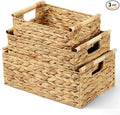 Wicker Storage Baskets for Organizing 3 Pack,Natural Water Hyacinth Ratten Baskets with Wooden Handles, Decorative Handwoven Storage Baskets for Shelves, Bathroom, Pantry or Kitchen