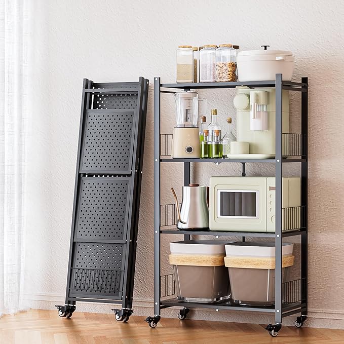Folding Storage Shelves, 4-Tier Metal Foldable Shelf Shelving Rack Organizer On Rolling Wheels in Kitchen Warehouse Patio Pantry Garage Collapsible Shelves No Assembly (Black, 4-Layer)