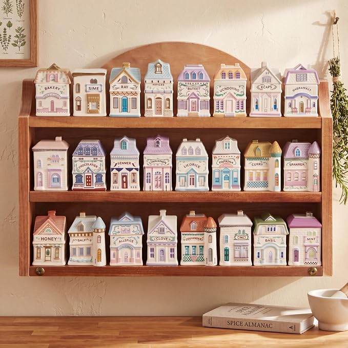 Chunful Vintage Spice Jar Wooden Rack Brown Rustic 3-tier Spice Shelf for 24 Jars, Village Style Wall Mounting Kitchen Storage Decorative Hanging Display Rack, Shelf Only
