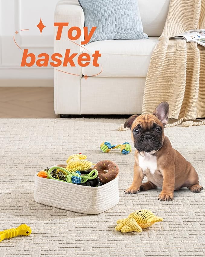 KALLAX Small Woven Basket, 12 x 8 x 4.5 Inches, Storage Basket for Organizing, Cute Small Rope Shelf Closet Cube Storage Bins Baskets for Shelves, Dog Toy Gift Baskets Empty, 3 Packs, Off White
