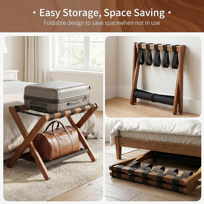 Heybly Luggage Rack for Guest Room, Folding Luggage Stand & Suitcase Holder, Suitcase Stand, Heavy Duty Wooden Luggage Rack with Double Shelf for Hotel & Bedroom, 5 Heavy Duty Straps, Walnut HLR012WB1