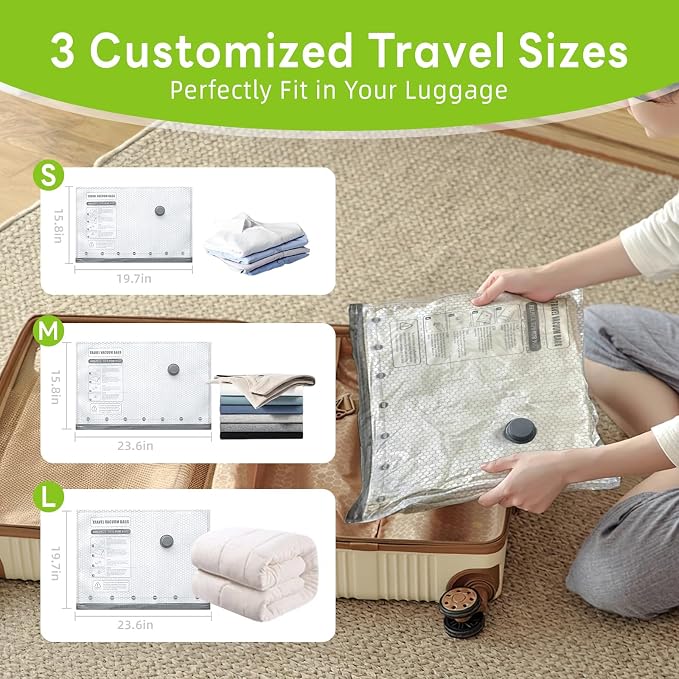 12 Pack Vacuum Bags for Travel with USB Pump,Cordless Travel Vacuum Bag Set for Luggage and Suitcase,Portable Space Saver Storage Seal Packing Bags for Clothing