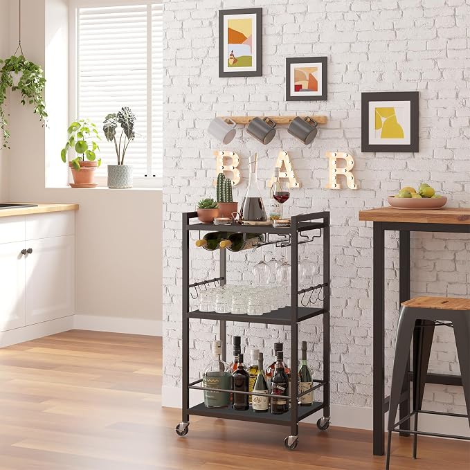 TUTOTAK Bar Cart with Wheels, Drink Cart with Wine Rack and Glass Holder | 3-Tier 17 Inch Wide Home Bar Serving Carts, Small Mobile Kitchen Shelf with 6 Hooks, Black BC01BK032
