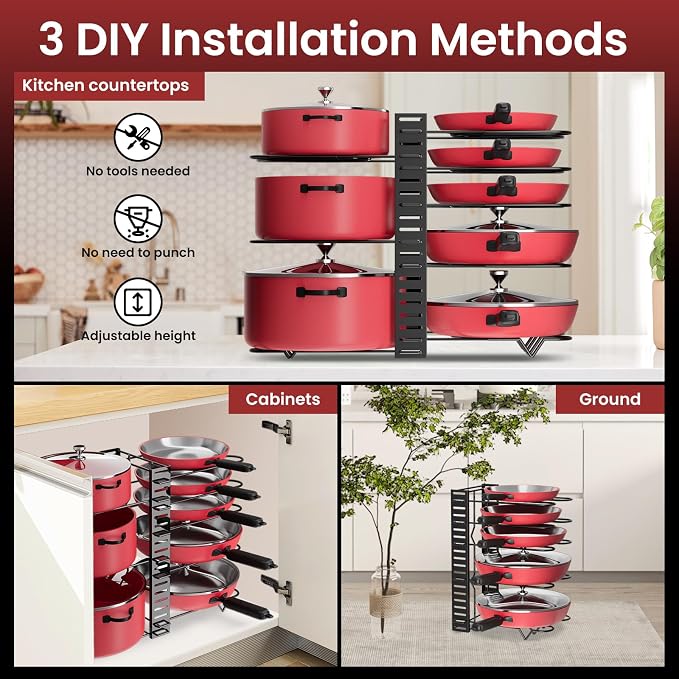Podxco Pot and Pan Organizer for Under Cabinet, 8 Tiers Adjustable Pan Organizers Inside Cabinet with 3 DIY Methods, Upgrade of Pan Organizer Balance Ability, Kitchen Pan Rack Organizer for Cabinet