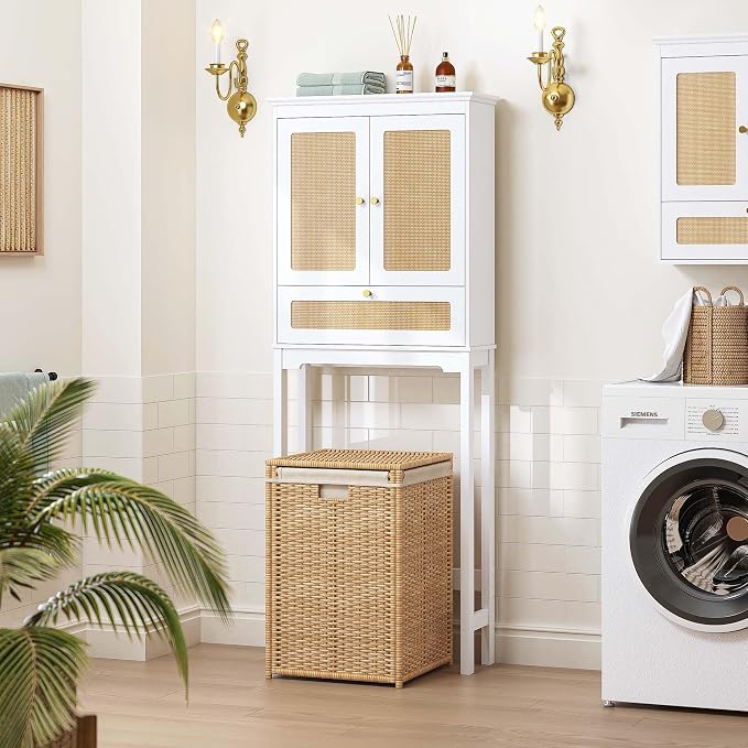 Spirich Over the Toilet Storage Cabinet with Hand-Woven Rattan Doors, White | Tilt-Out Storage Cube, Adjustable Shelf, 33-Inch Toilet Clearance, Anti-Tip Bracket, Bathroom Organizer for Toiletries