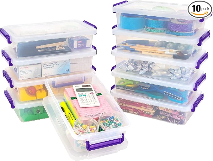 IRIS USA 3 Qt. Plastic Craft Storage Container Bins with Lids, 10 Pack, Small Art & Office Supply Organizer Tote, Sensory Bins & Boxes for Home & University, Stackable, Secure Latch Buckles, Clear