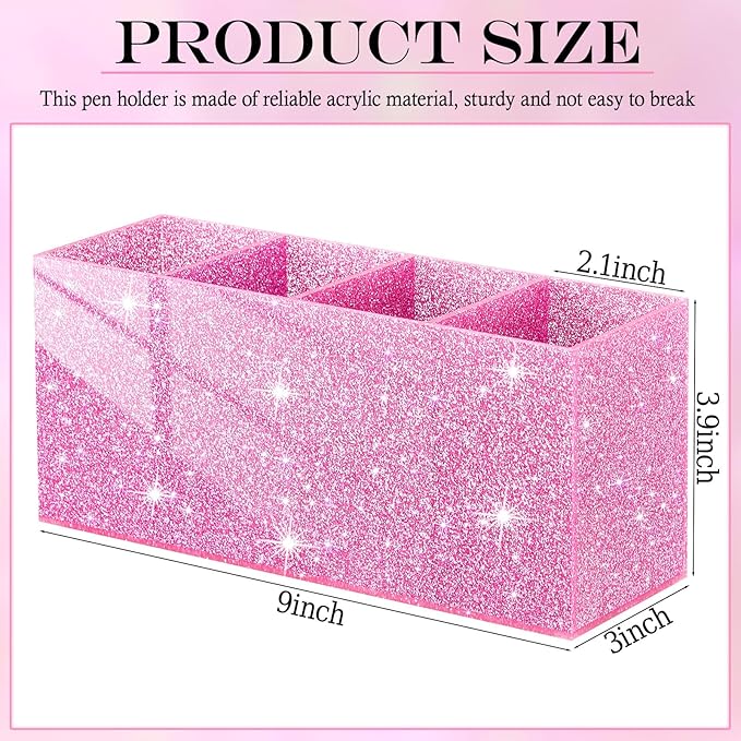 Jetec Acrylic Glitter Pink Pen Holder 4 Compartments Bling Makeup Brush Stationery Organizer Pencil Holder for Desk Accessories Sparkly Gifts for Women Back to School Birthday Desktop Workplace Office
