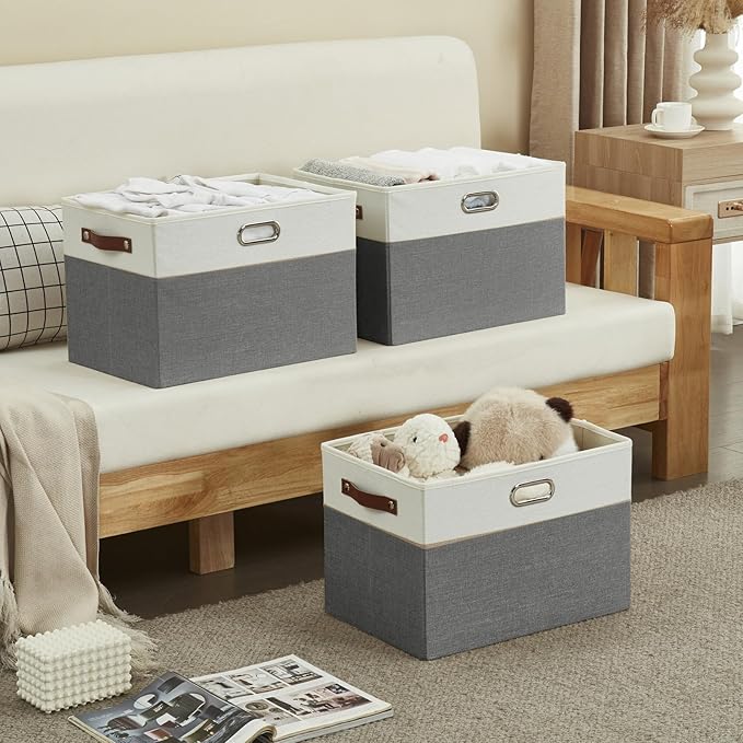 Bagnizer Large Collapsible Fabric Storage Bins with 3 Handles, Foldable Organizer Baskets for Closet, Shelves, Living Room | 3 Pack, Durable PU & Metal Handles (17"x11.8"x11.8", Gray & White)