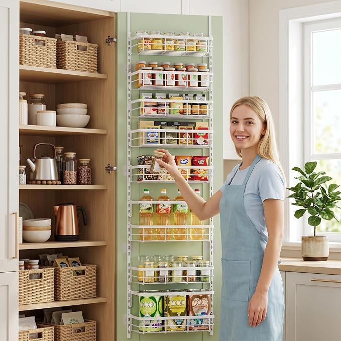 Apinol Over The Door Pantry Organizer, 8 Tier Adjustable Pantry Door Organization and Storage, Spice Rack with Hooks Mounted Shelves for Pantry Kitchen Essentials, White
