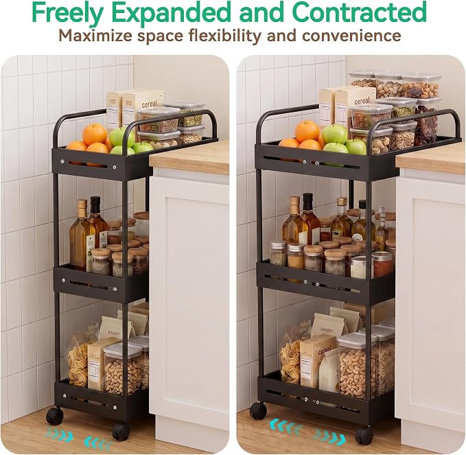 3 Tier Expandable Rolling Storage Cart, Rolling Utility Cart with Wheels | expandable adjustable width, sturdy metal frame, silent 360° wheels, storage for bathroom, kitchen, laundry & living room
