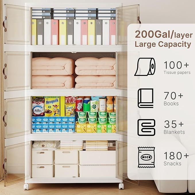 800QT Extra Large Stackable Storage Bins with Lids & Wheels & Door, 200Gal Foldable Collapsible Closet Organizers, Plastic containers drawers for bedroom Dorm