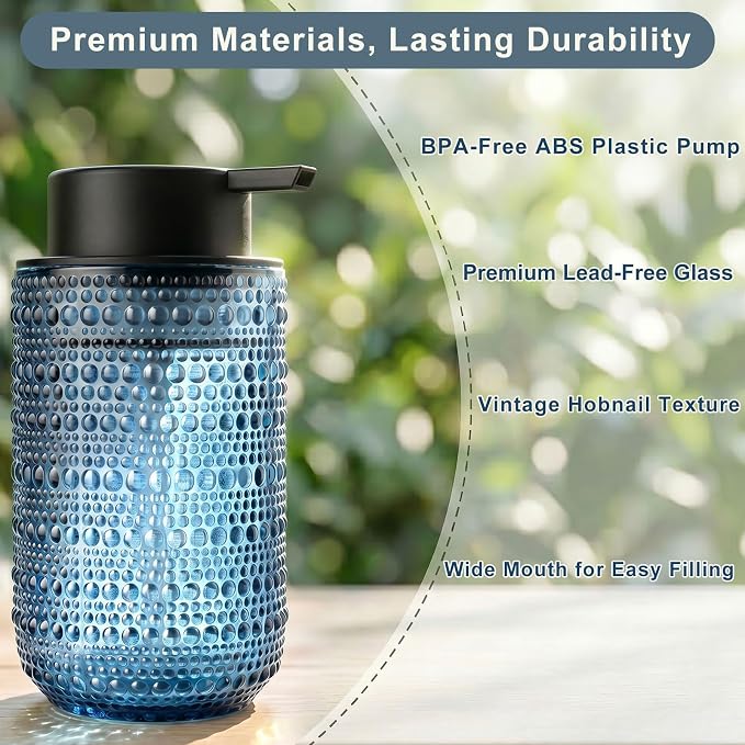 2 Pack Blue Glass Foaming Soap Dispenser, 14 OZ Vintage Hobnail Texture Foam Hand Soap Dispenser, Refillable & Reusable Foam Dispenser with Black Pump for Bathroom, Kitchen Decor, Elegant Look