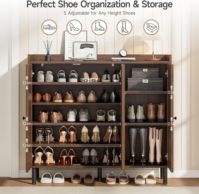 ONBRILL Shoe Cabinet with 3 Doors and Adjustable Shelves, 30 Pairs Shoe Storage Cabinet, 40 Inch Tall Farmhouse Shoe Rack Shoe Organizer Cabinet for Entryway Living Room Closet, Walnut