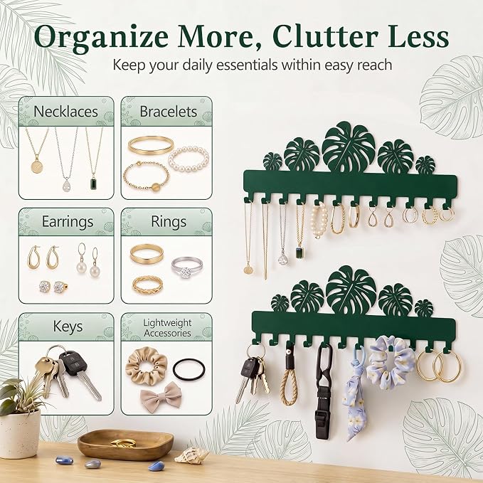 Hicarer 2 Pack Monstera Leaf Necklace Holder Wall Mount with 24 Hooks Adhesive Metal Plant Hook Boho Wall Decor Jewelry Organizer for Earrings Bracelets Rings Keys Bedroom Bathroom Dorm