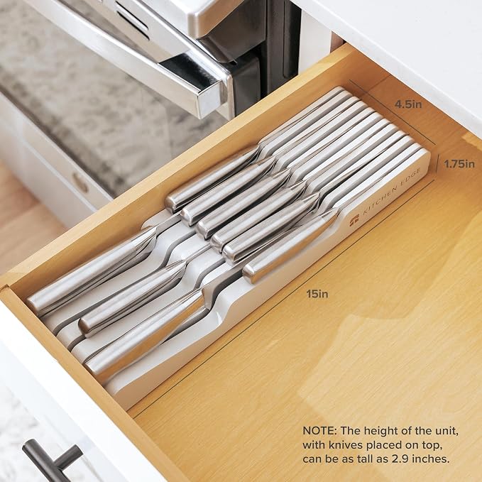KitchenEdge In-Drawer Knife Block Holder, 11 Slots, White | Fits most knife sizes, rubber feet, food-safe finish