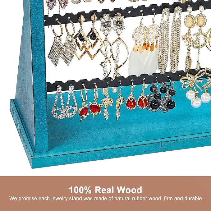Poyilooo Earring Organizer Stand, Rustic Wood Earring Holder Rack, 5 Layer Jewelry Holder Organizer with 270 Earring Tree Holes Display for Stud Earings & Hoop Earrings, Gifts for Women (Teal)